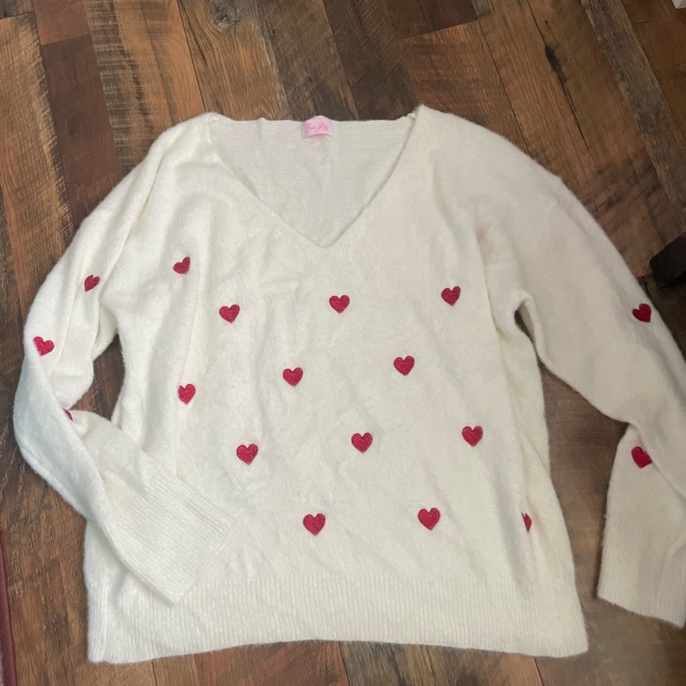 Pink Lily White Heart Patterned Sweater LARGE
